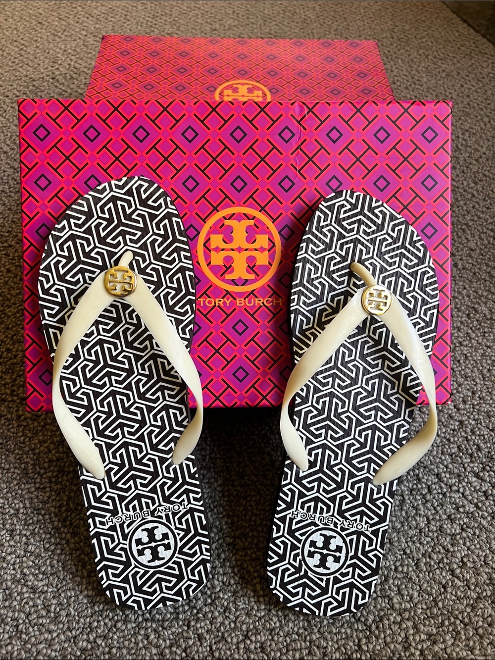 Tory Burch Brown and Cream Logo-Print Flip Flop Sandals with Gold Emblem